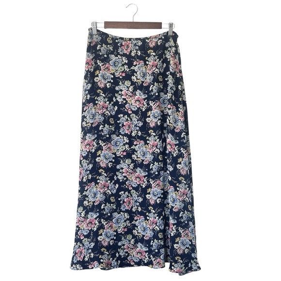 Vintage Y2K Lauren Ralph Lauren Silk Maxi Skirt Navy Blue Floral Size 4 Boho - Picture 2 of 11